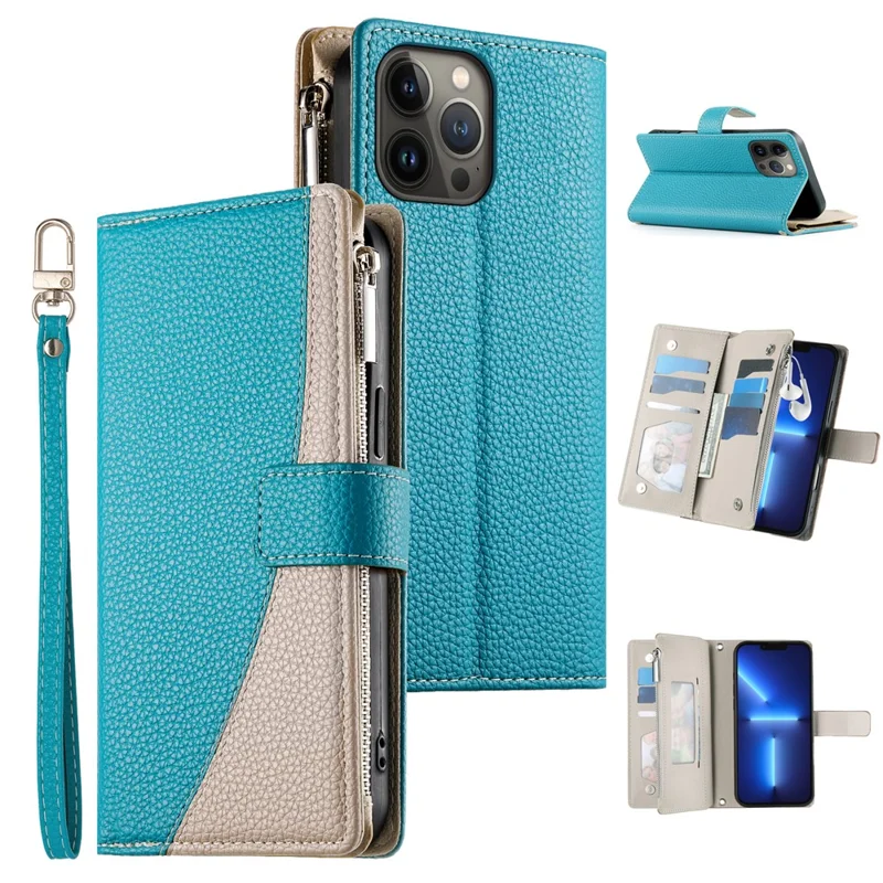Capa para iPhone 13 Pro Max com Bolso de Zíper para Carteira, Couro com Divisão de Cores, Flip com Alças - Azul Lago