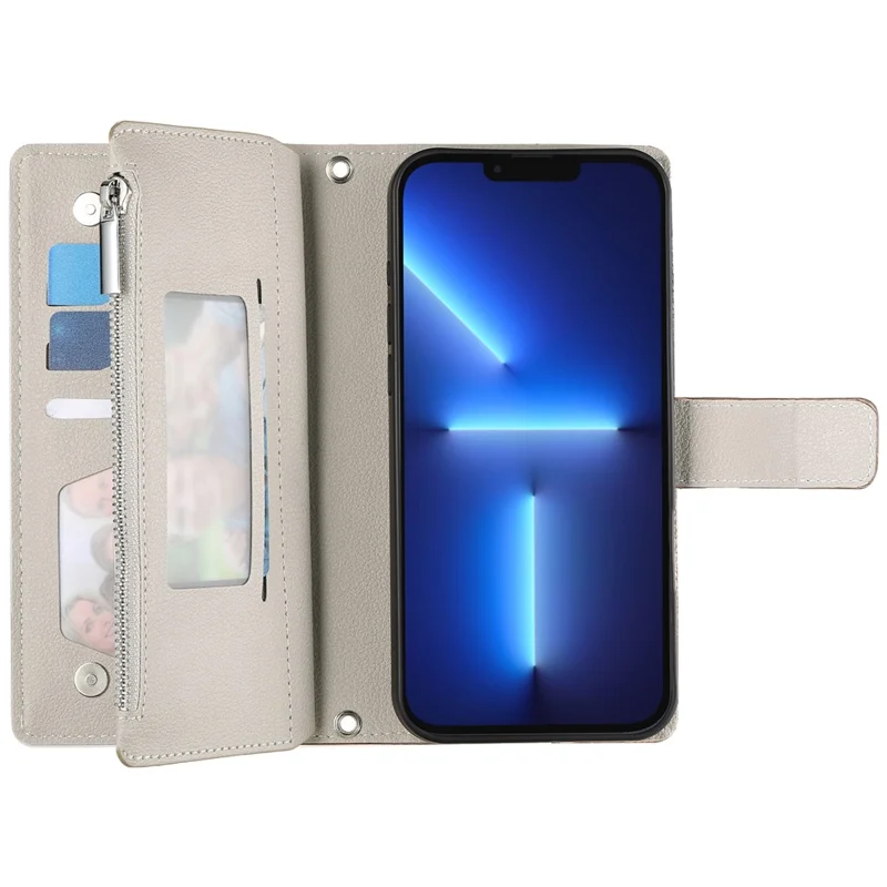 Capa para iPhone 13 Pro Max com Bolso de Zíper para Carteira, Couro com Divisão de Cores, Flip com Alças - Azul Lago