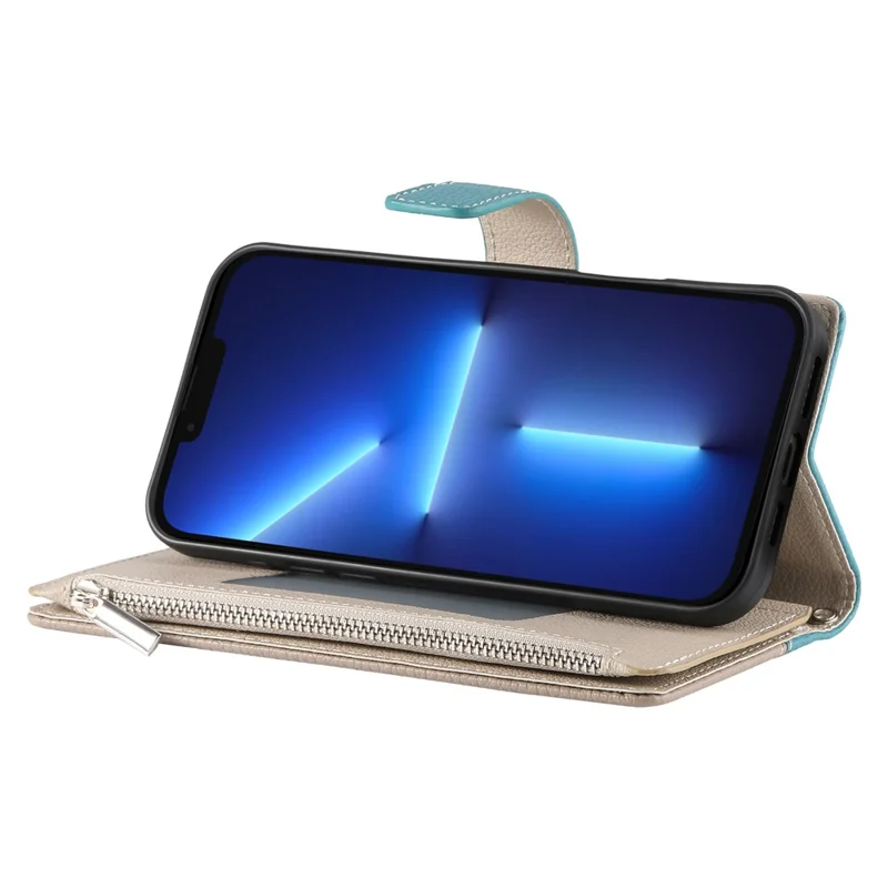 Capa para iPhone 13 Pro Max com Bolso de Zíper para Carteira, Couro com Divisão de Cores, Flip com Alças - Azul Lago