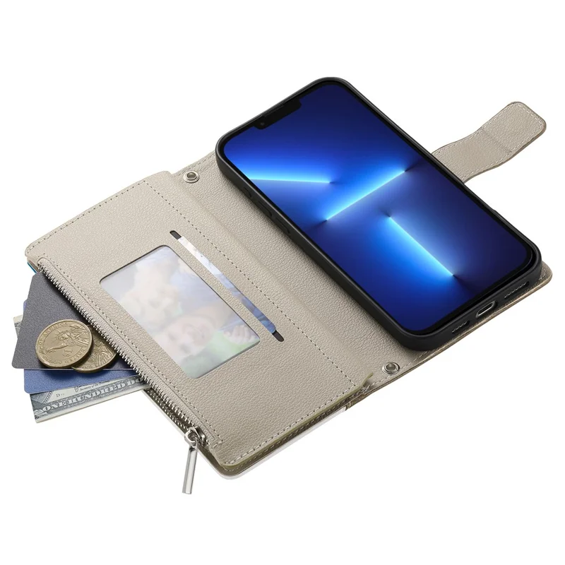 Capa para iPhone 13 Pro Max com Bolso de Zíper para Carteira, Couro com Divisão de Cores, Flip com Alças - Azul Lago
