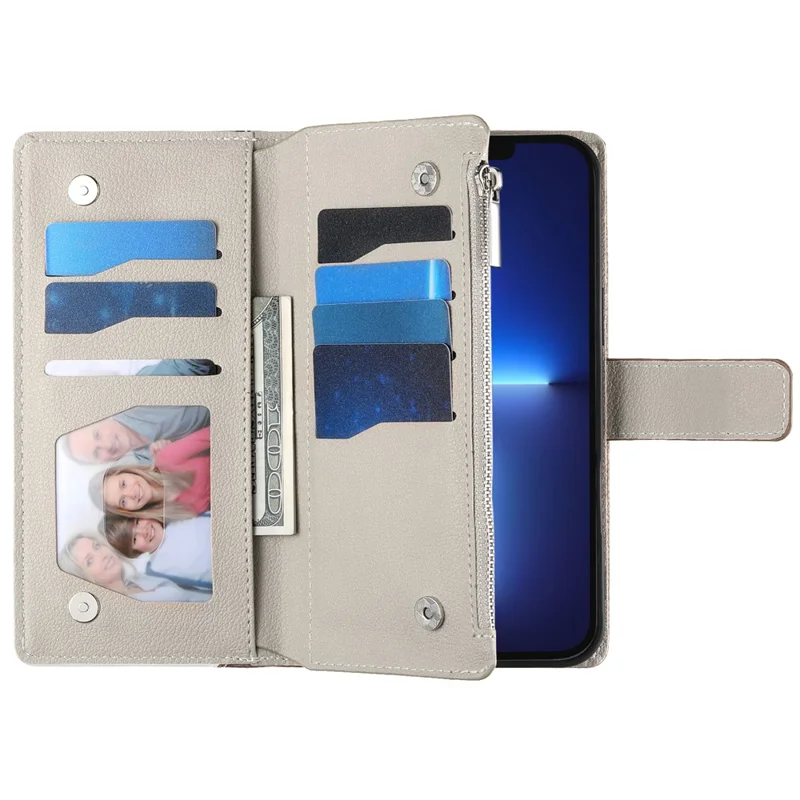 For iPhone 13 Pro Max Case Zipper Pocket Wallet Color Splicing Leather Flip Phone Cover with Straps - Black