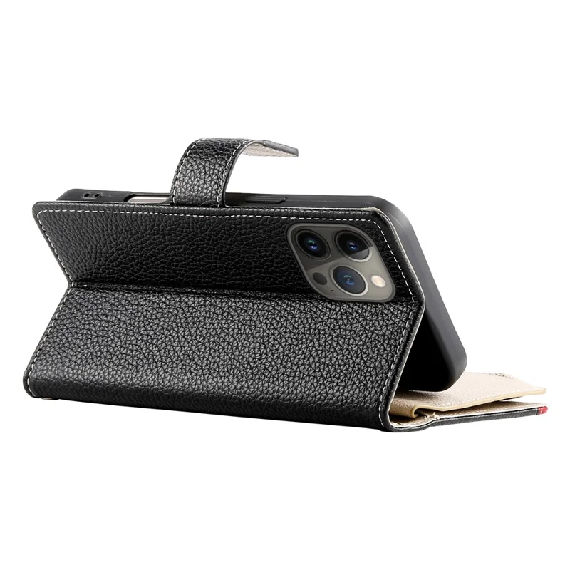 For iPhone 13 Pro Max Case Zipper Pocket Wallet Color Splicing Leather Flip Phone Cover with Straps - Black