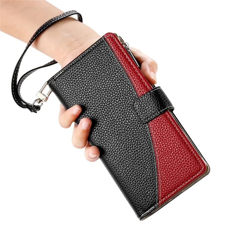 For iPhone 13 Pro Max Case Zipper Pocket Wallet Color Splicing Leather Flip Phone Cover with Straps - Black