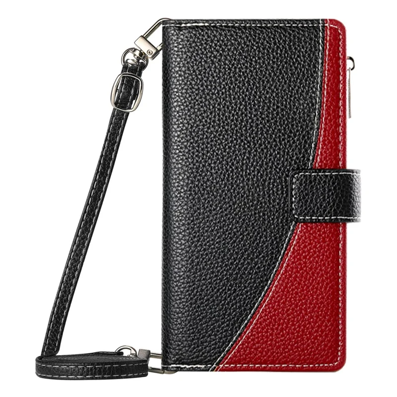 For iPhone 13 Pro Max Case Zipper Pocket Wallet Color Splicing Leather Flip Phone Cover with Straps - Black