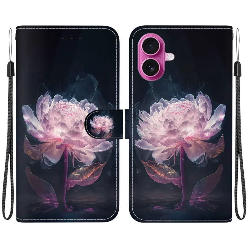 For iPhone 17 Wallet Phone Case Anti-Drop Leather Flip Cover Pattern Printing with Strap - Purple Peony
