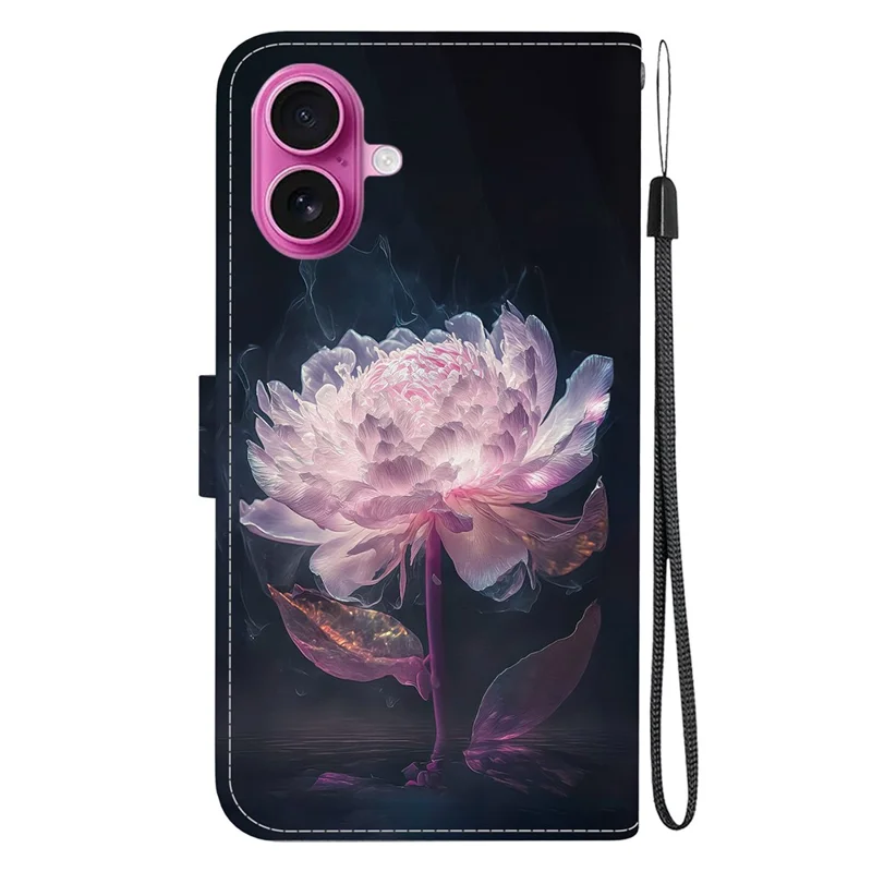 For iPhone 17 Wallet Phone Case Anti-Drop Leather Flip Cover Pattern Printing with Strap - Purple Peony