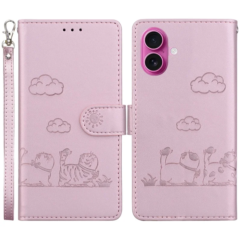 For iPhone 17 Case RFID Blocking Kitten Pattern TPU + PU Leather Phone Cover with Strap - Pink