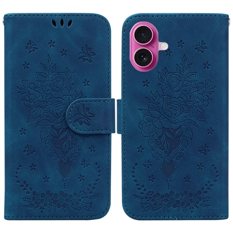 For iPhone 17 Case PU Leather Wallet Phone Cover Butterfly Flower Imprint with Strap - Blue