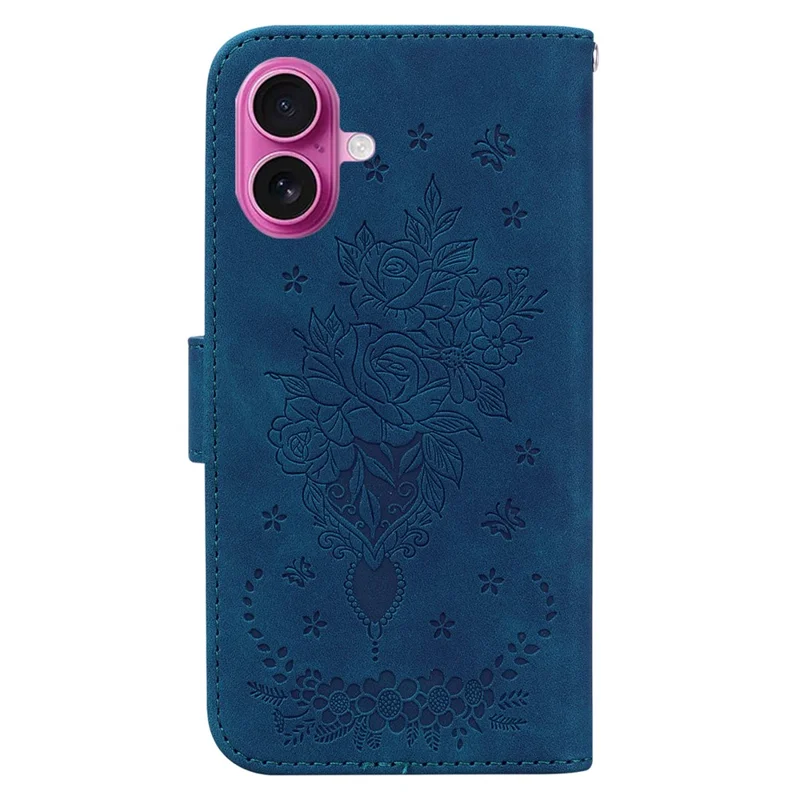 For iPhone 17 Case PU Leather Wallet Phone Cover Butterfly Flower Imprint with Strap - Blue