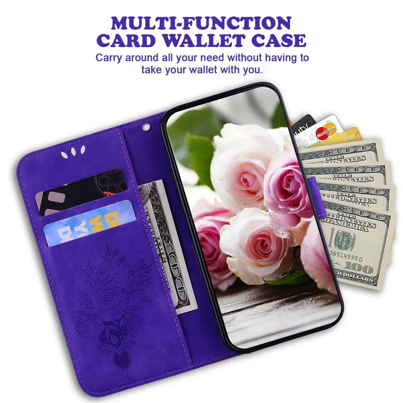 For iPhone 17 Case PU Leather Wallet Phone Cover Butterfly Flower Imprint with Strap - Purple