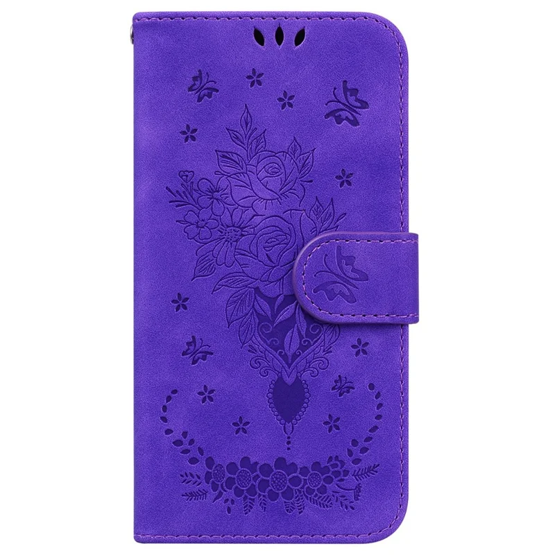 For iPhone 17 Case PU Leather Wallet Phone Cover Butterfly Flower Imprint with Strap - Purple