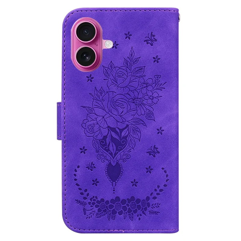 For iPhone 17 Case PU Leather Wallet Phone Cover Butterfly Flower Imprint with Strap - Purple