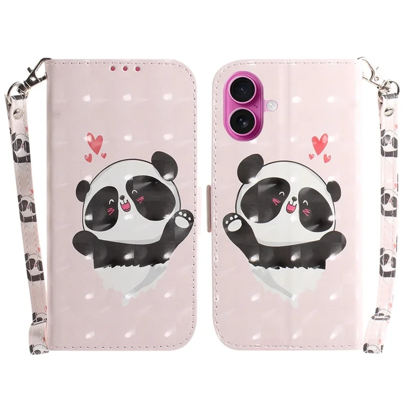 For iPhone 17 Case Pattern Printing Leather Wallet Phone Cover with Wrist Strap - Love Heart Panda