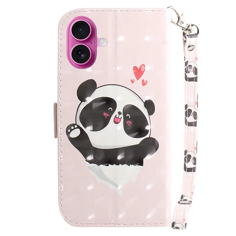For iPhone 17 Case Pattern Printing Leather Wallet Phone Cover with Wrist Strap - Love Heart Panda