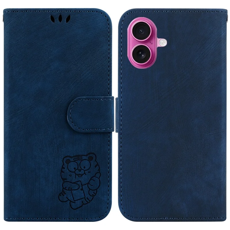 For iPhone 17 Wallet Case Tiger Imprint Leather Shockproof Phone Cover with Wrist Strap - Dark Blue
