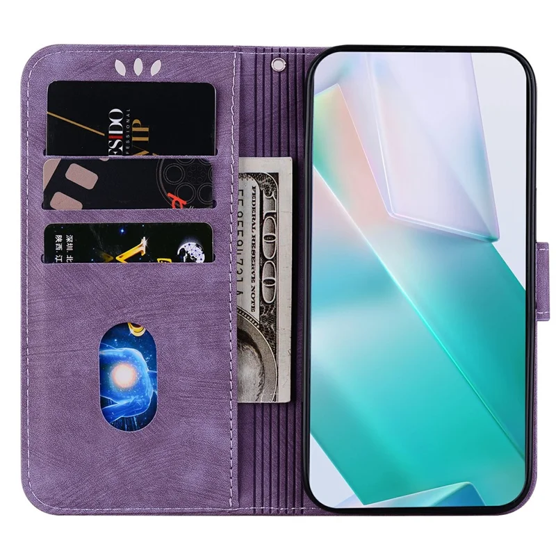 For iPhone 17 Wallet Case Tiger Imprint Leather Shockproof Phone Cover with Wrist Strap - Purple