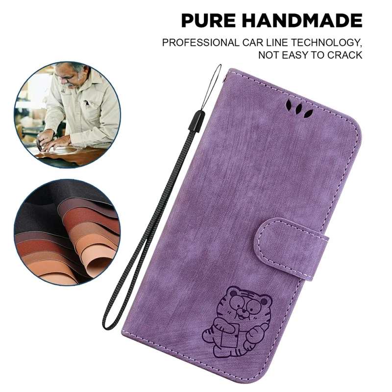 For iPhone 17 Wallet Case Tiger Imprint Leather Shockproof Phone Cover with Wrist Strap - Purple