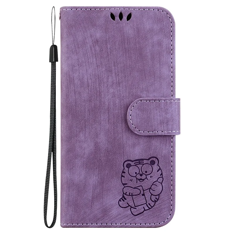 For iPhone 17 Wallet Case Tiger Imprint Leather Shockproof Phone Cover with Wrist Strap - Purple