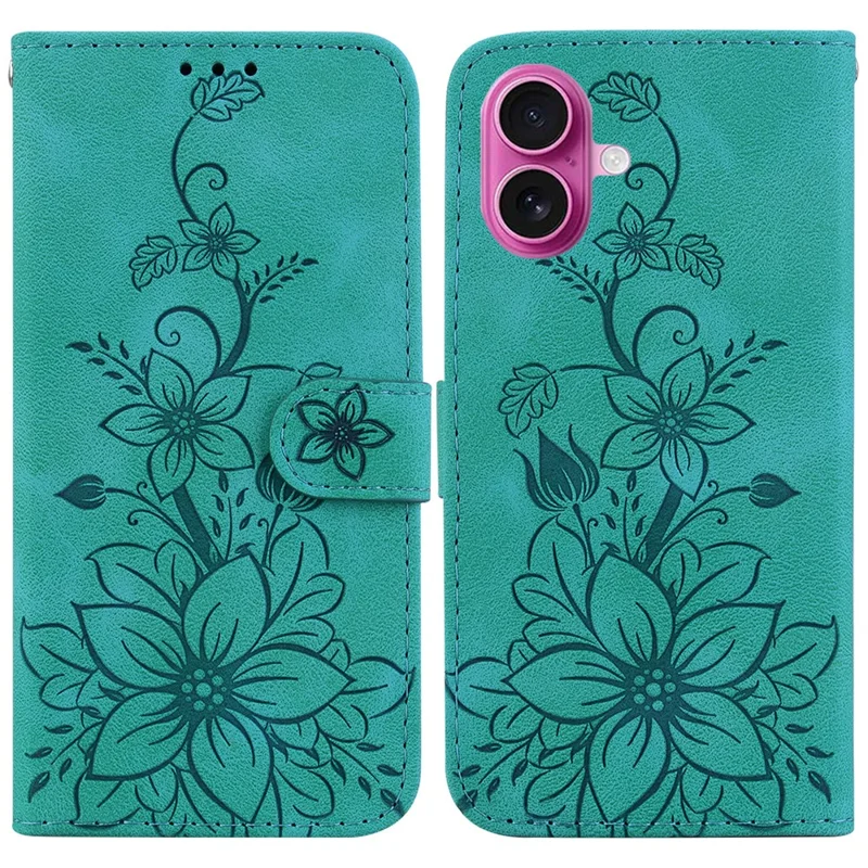 For iPhone 17 Stand Case Lily Flower Imprint Leather Phone Cover with Wrist Strap - Green