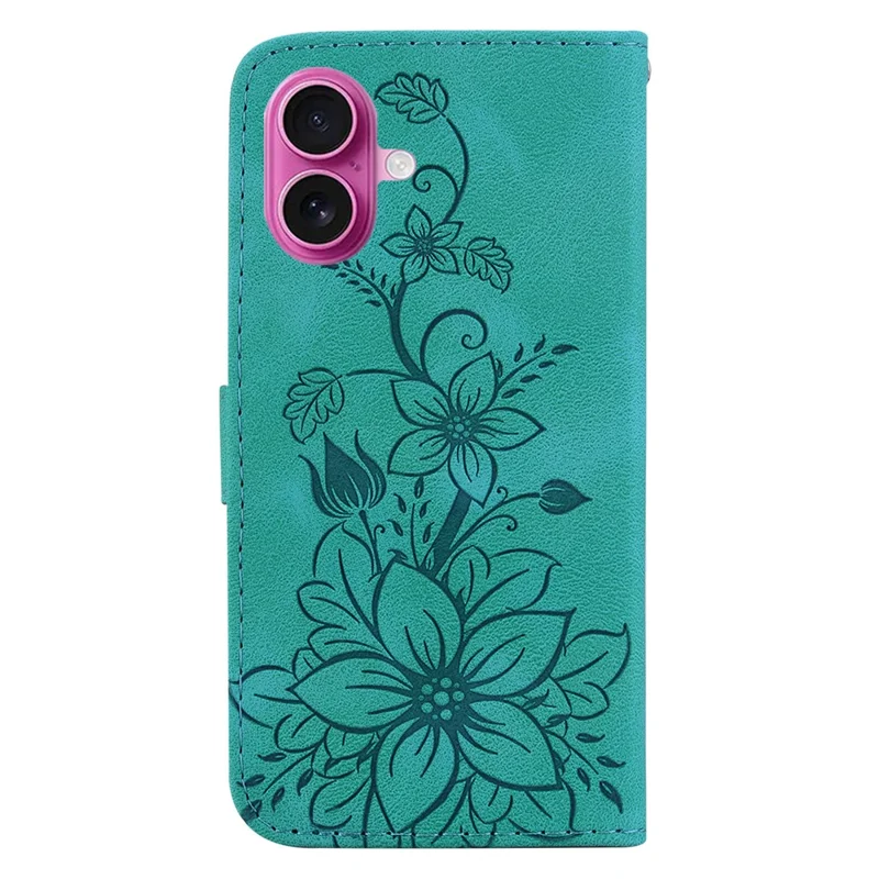 For iPhone 17 Stand Case Lily Flower Imprint Leather Phone Cover with Wrist Strap - Green