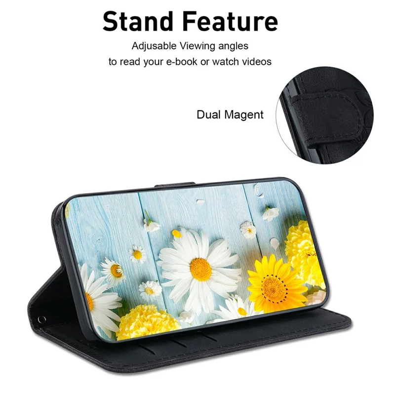 For iPhone 17 Stand Case Lily Flower Imprint Leather Phone Cover with Wrist Strap - Black