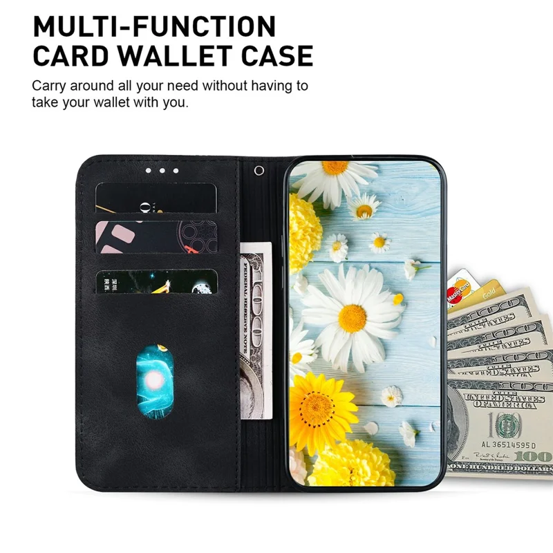 For iPhone 17 Stand Case Lily Flower Imprint Leather Phone Cover with Wrist Strap - Black