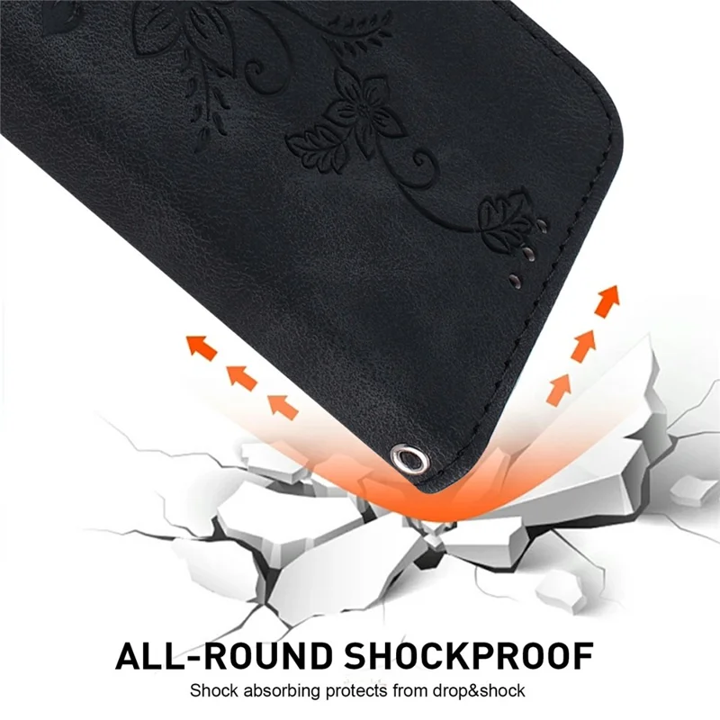 For iPhone 17 Stand Case Lily Flower Imprint Leather Phone Cover with Wrist Strap - Black