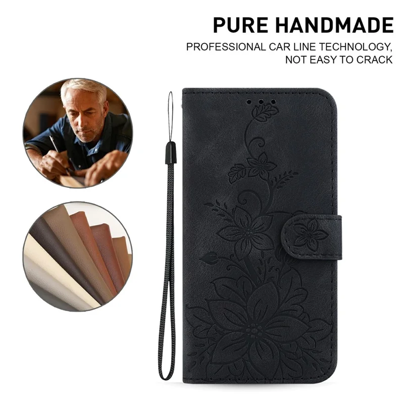 For iPhone 17 Stand Case Lily Flower Imprint Leather Phone Cover with Wrist Strap - Black