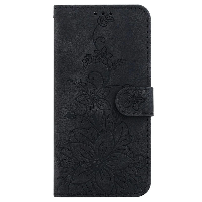For iPhone 17 Stand Case Lily Flower Imprint Leather Phone Cover with Wrist Strap - Black