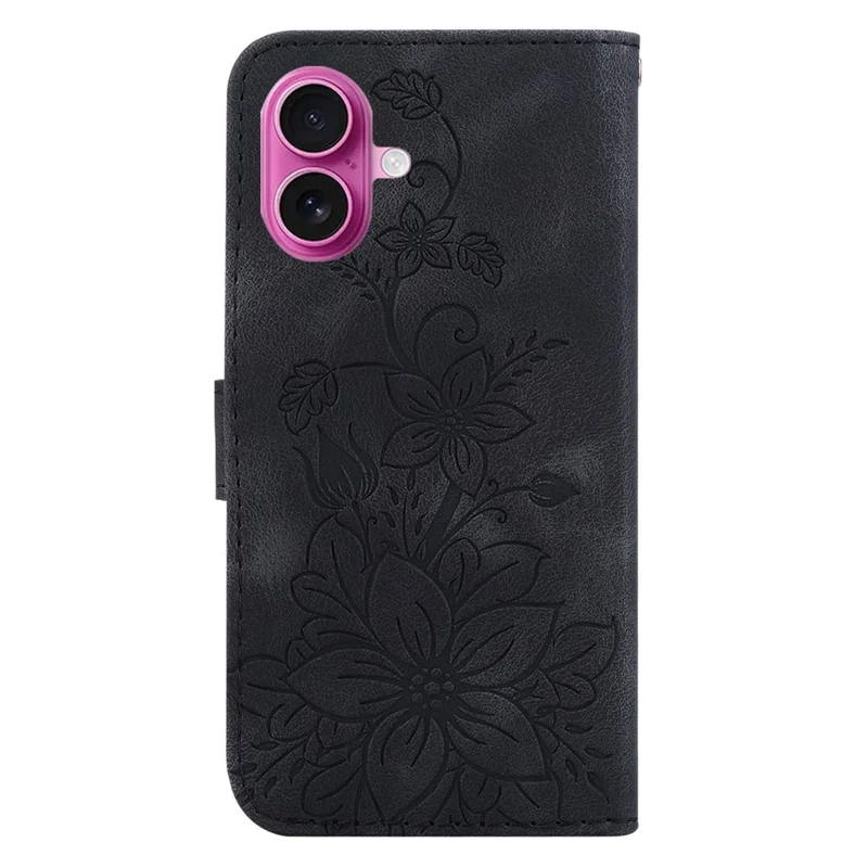 For iPhone 17 Stand Case Lily Flower Imprint Leather Phone Cover with Wrist Strap - Black