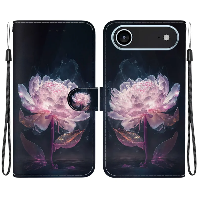 For iPhone 17 Air Wallet Phone Case Anti-Drop Leather Flip Cover Pattern Printing with Strap - Purple Peony
