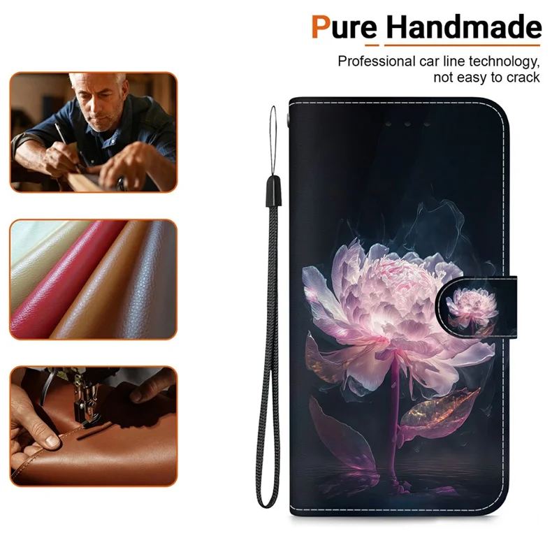 For iPhone 17 Air Wallet Phone Case Anti-Drop Leather Flip Cover Pattern Printing with Strap - Purple Peony