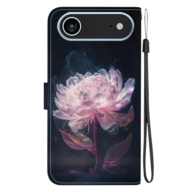 For iPhone 17 Air Wallet Phone Case Anti-Drop Leather Flip Cover Pattern Printing with Strap - Purple Peony