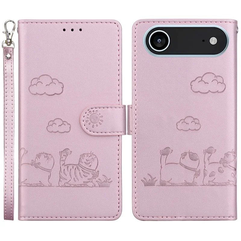 Étui à motif de chaton pour iPhone 17 Air avec blocage RFID, en TPU + cuir PU avec dragonne - Rose