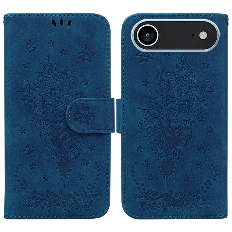 For iPhone Air Case Butterfly Flower Imprint PU Leather Wallet Phone Cover with Strap - Blue
