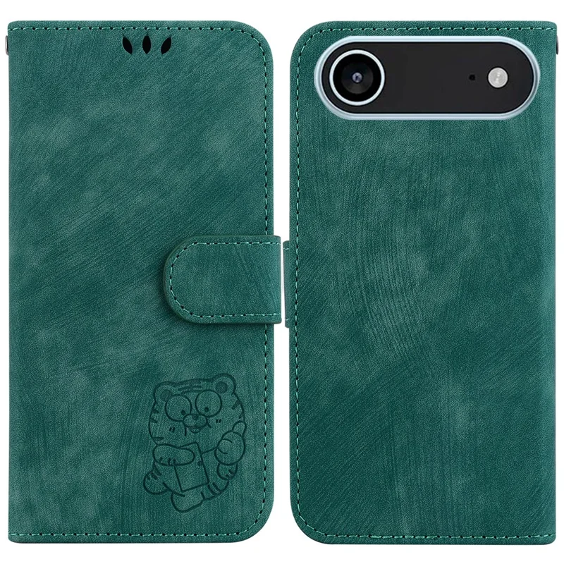For iPhone Air Wallet Case Tiger Imprint Leather Shockproof Phone Cover with Wrist Strap - Green