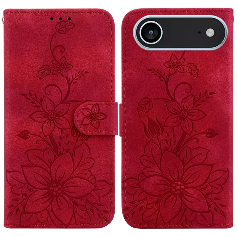 For iPhone Air Stand Case Lily Flower Imprint Leather Phone Cover with Wrist Strap - Red