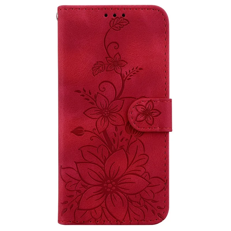 For iPhone Air Stand Case Lily Flower Imprint Leather Phone Cover with Wrist Strap - Red