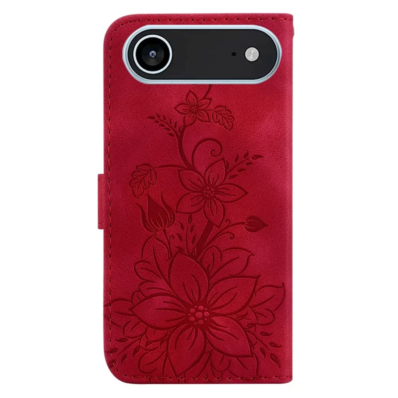 For iPhone Air Stand Case Lily Flower Imprint Leather Phone Cover with Wrist Strap - Red
