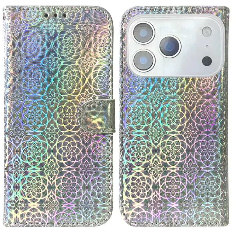 For iPhone 18 Pro / 17 Pro Stand Case Dazzling Flower Leather Phone Cover with Wrist Strap - Grey