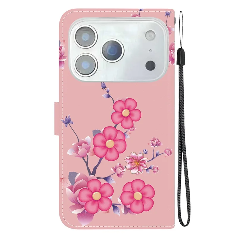 For iPhone 18 Pro / 17 Pro Wallet Phone Case Anti-Drop Leather Flip Cover Pattern Printing with Strap - Sakura