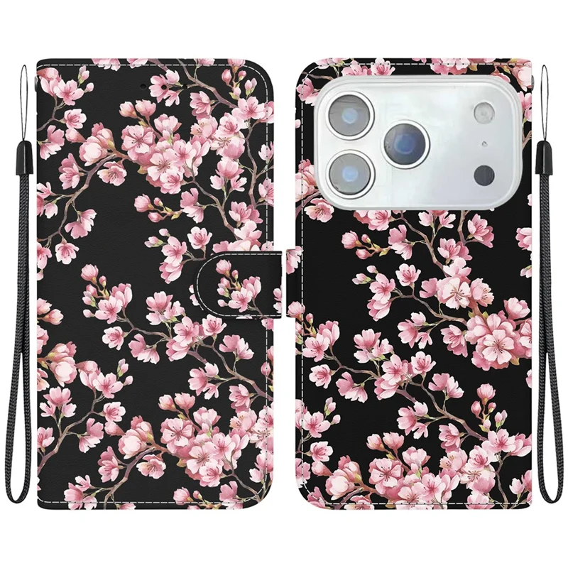 For iPhone 17 Pro Wallet Phone Case Anti-Drop Leather Flip Cover Pattern Printing with Strap - Plum Blossom
