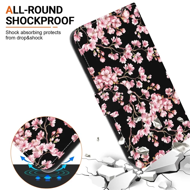 For iPhone 17 Pro Wallet Phone Case Anti-Drop Leather Flip Cover Pattern Printing with Strap - Plum Blossom