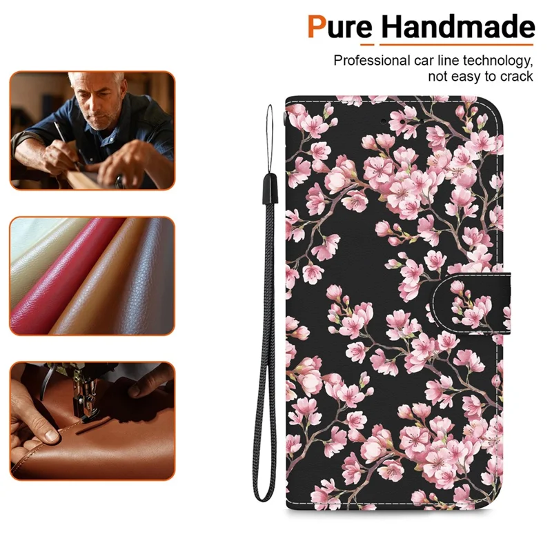 For iPhone 17 Pro Wallet Phone Case Anti-Drop Leather Flip Cover Pattern Printing with Strap - Plum Blossom