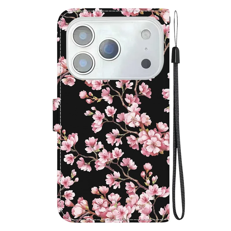 For iPhone 17 Pro Wallet Phone Case Anti-Drop Leather Flip Cover Pattern Printing with Strap - Plum Blossom