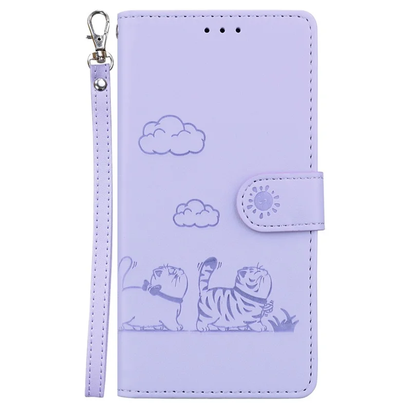 For iPhone 17 Pro Case RFID Blocking Kitten Pattern TPU + PU Leather Phone Cover with Wrist Strap - Purple