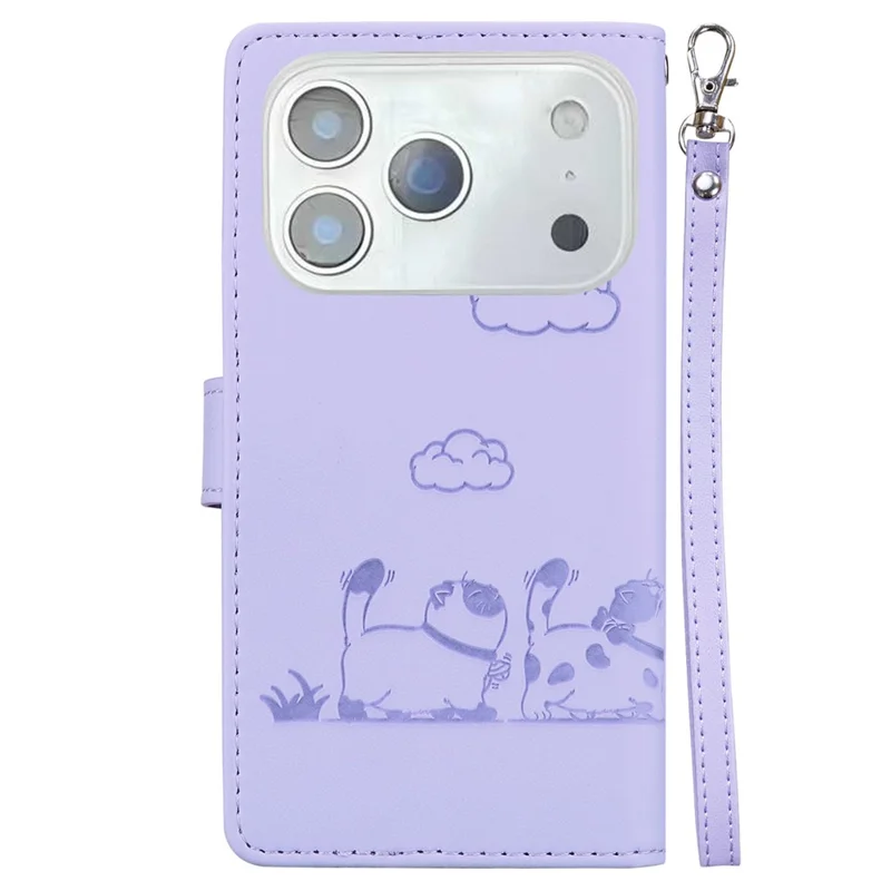 For iPhone 17 Pro Case RFID Blocking Kitten Pattern TPU + PU Leather Phone Cover with Wrist Strap - Purple
