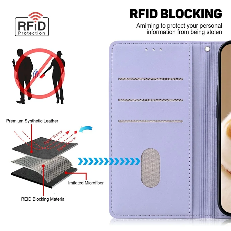 For iPhone 17 Pro Case RFID Blocking Kitten Pattern TPU + PU Leather Phone Cover with Wrist Strap - Purple