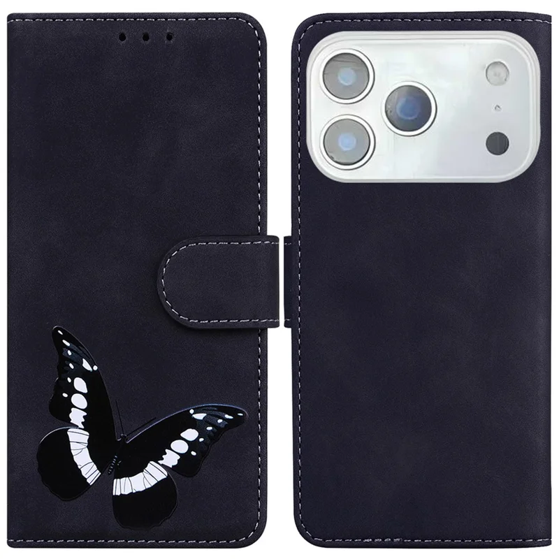 For iPhone 18 Pro / 17 Pro Stand Case PU Leather Phone Cover Butterfly Printed - Black