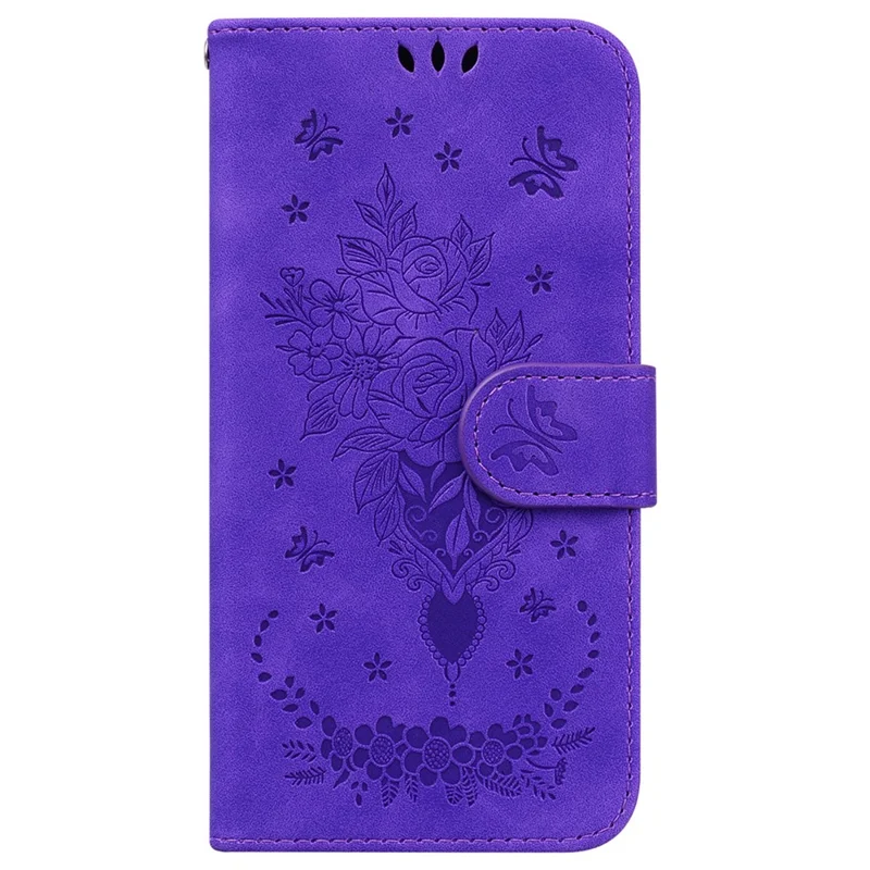 For iPhone 18 Pro / 17 Pro Case Butterfly Flower Imprint PU Leather Wallet Phone Cover with Strap - Purple